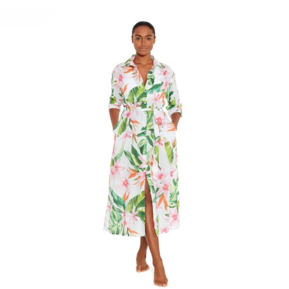 LAUREN Ralph Lauren Tropical Floral Midi Shirt Dress Size Medium